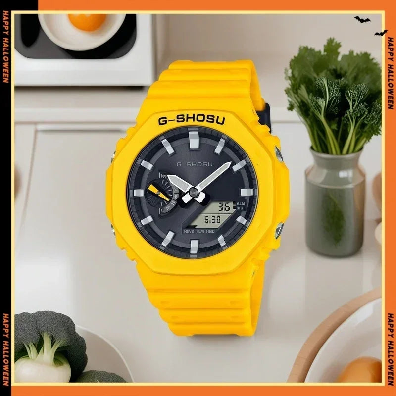 Dual Display LED Digital Electronic Comic Watch Full Function World Time Large Dial Oak Collection