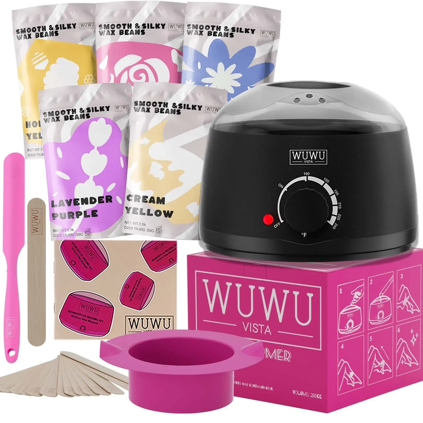 Waxing Kit EU Plug(19 items) WUWUVISTA Hair Removal Wax Kit Wax Melt Warmer Waxing Beads Face/Brazilian/Full Body/Bikini