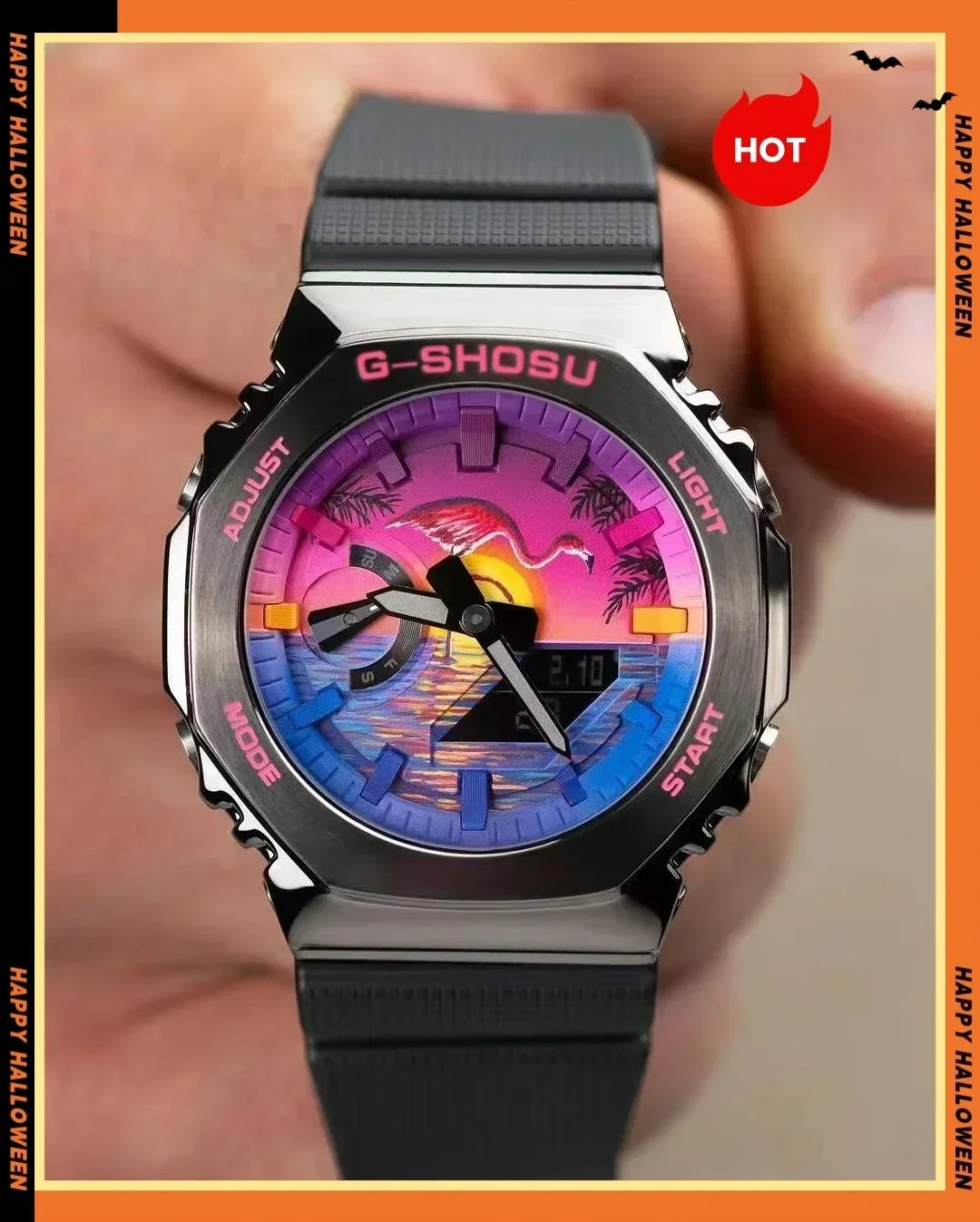 Dual Display LED Digital Electronic Comic Watch Full Function World Time Large Dial Oak Collection