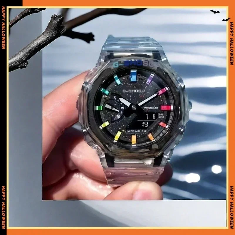 Dual Display LED Digital Electronic Comic Watch Full Function World Time Large Dial Oak Collection