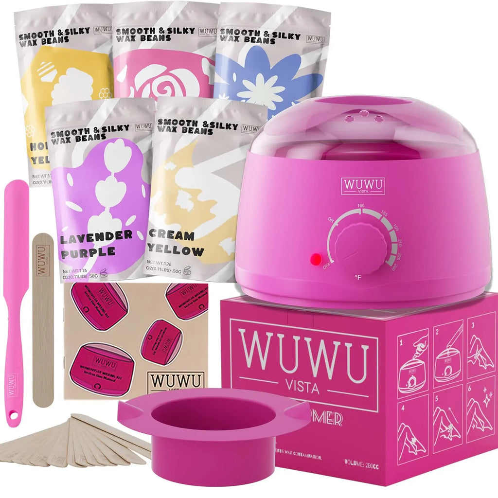 Waxing Kit EU Plug(19 items) WUWUVISTA Hair Removal Wax Kit Wax Melt Warmer Waxing Beads Face/Brazilian/Full Body/Bikini