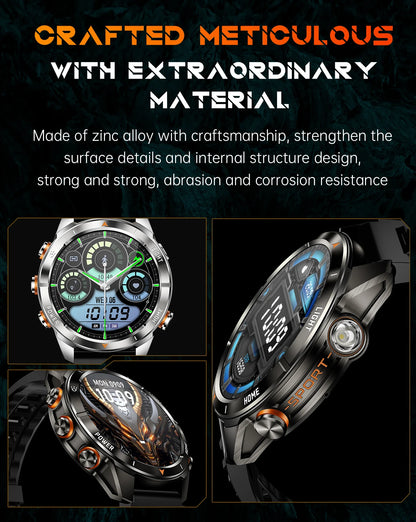 2025 KT80 Smart Watch 3ATM Waterproof Original Design Men Bluetooth Call Health Monitor with Strong Flashlight 100+ Sports Modes