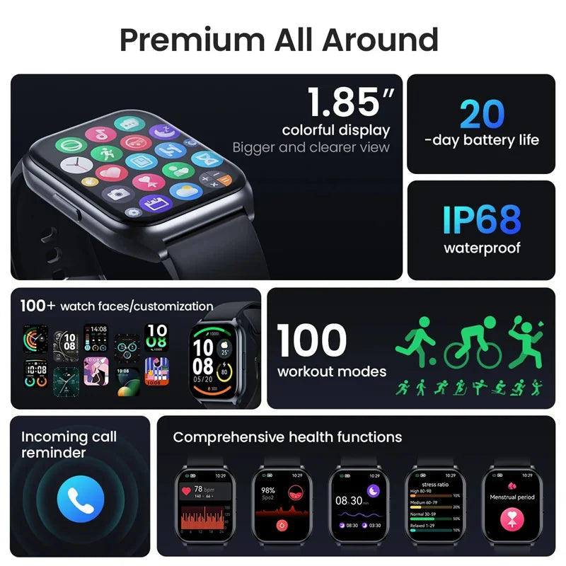2025 Smart Watch 1.85'' HD Display SpO2 Heart Rate Monitor 100 Sports Modes Smartwatch Man Woman For Iphone Xiaomi Huawei