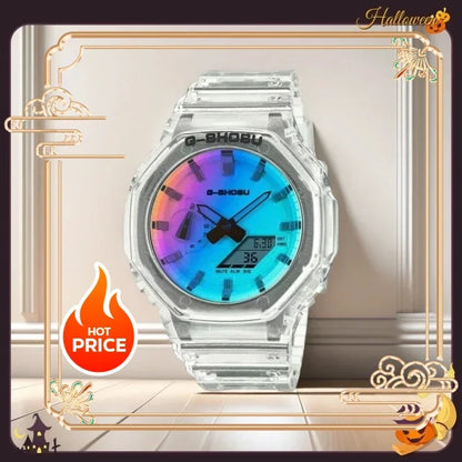 Dual Display LED Digital Electronic Comic Watch Full Function World Time Large Dial Oak Collection