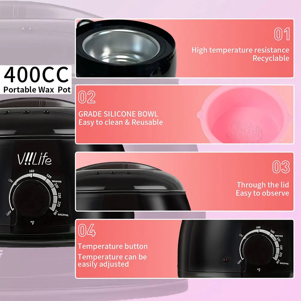 [US Plug] Viilife 200ml Black Wax Melting Machine Wax Beans Set Wax Heating Wax Hair Removal And Wax Therapy Machine