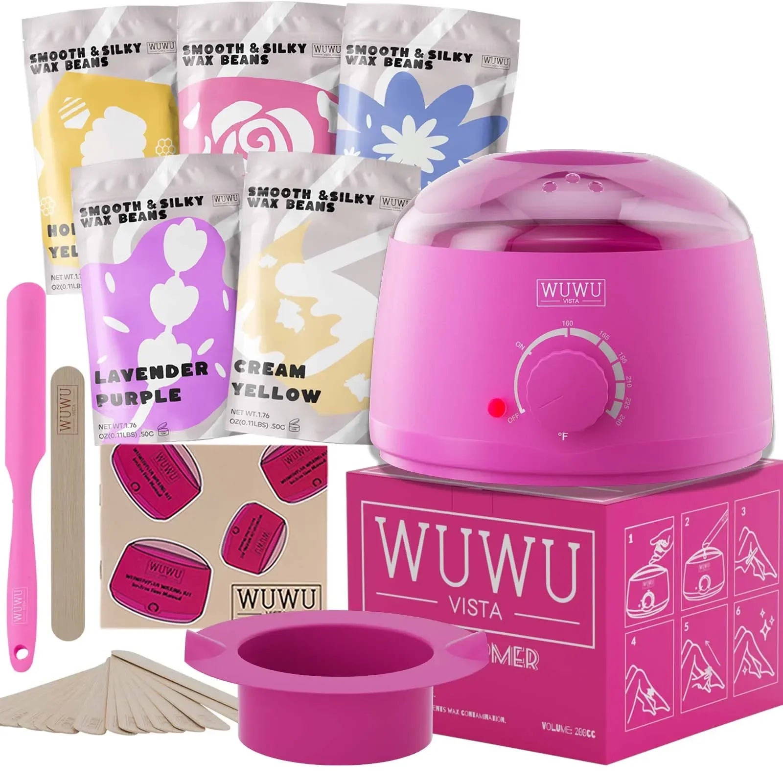 Waxing Kit EU Plug(19 items) WUWUVISTA Hair Removal Wax Kit Wax Melt Warmer Waxing Beads Face/Brazilian/Full Body/Bikini
