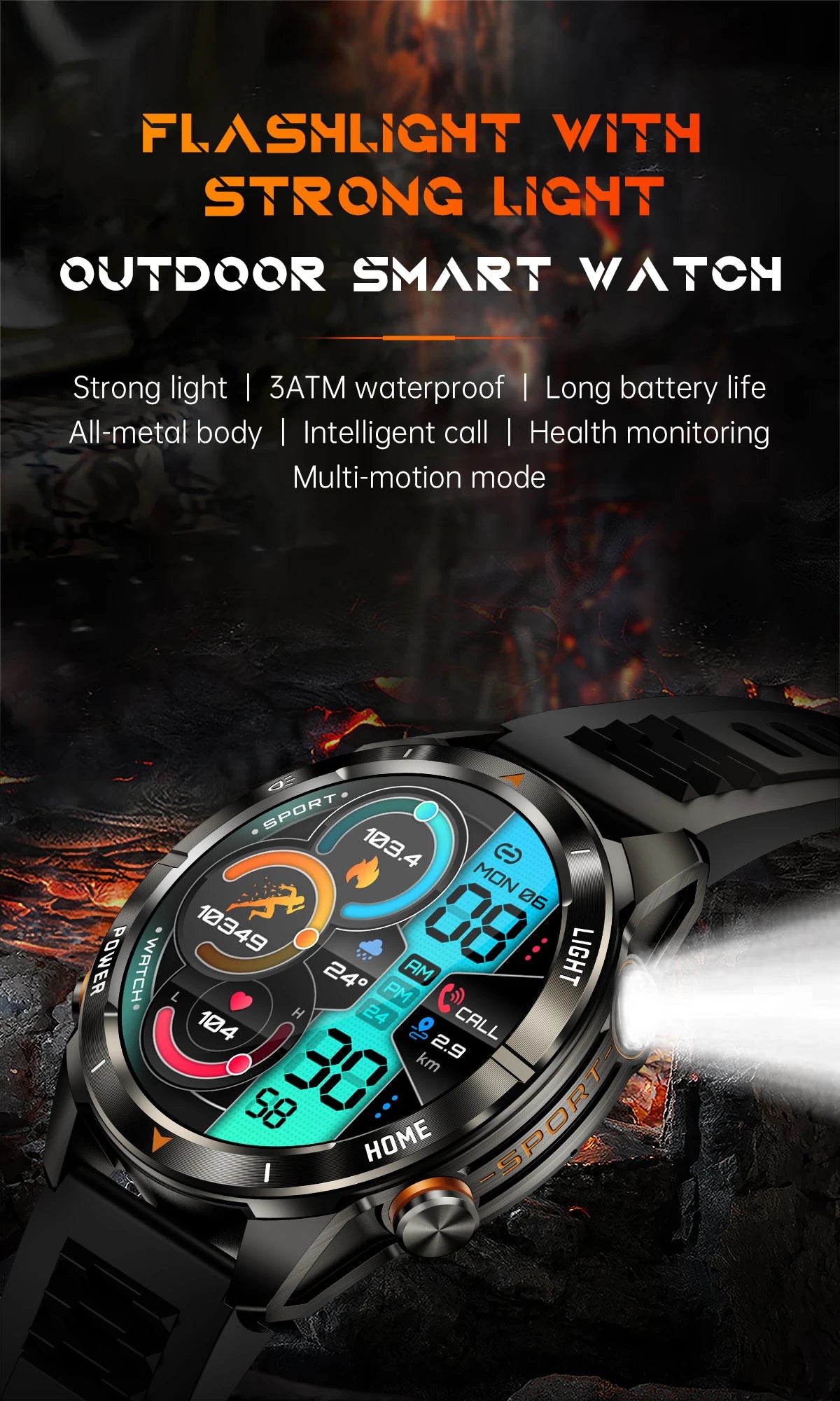 2025 KT80 Smart Watch 3ATM Waterproof Original Design Men Bluetooth Call Health Monitor with Strong Flashlight 100+ Sports Modes