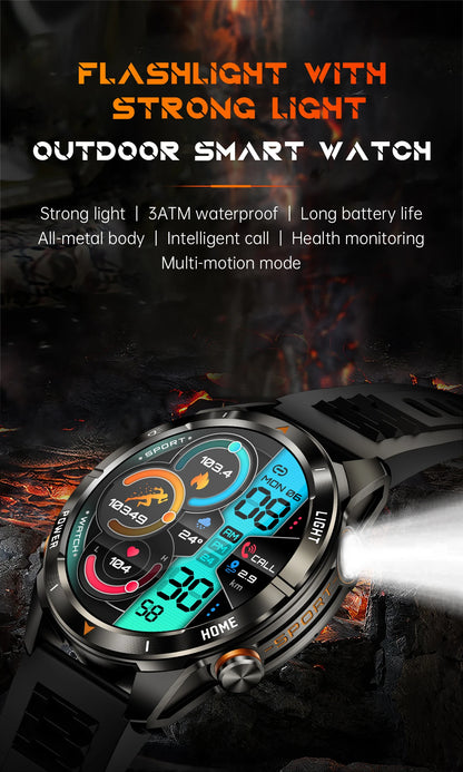2025 KT80 Smart Watch 3ATM Waterproof Original Design Men Bluetooth Call Health Monitor with Strong Flashlight 100+ Sports Modes