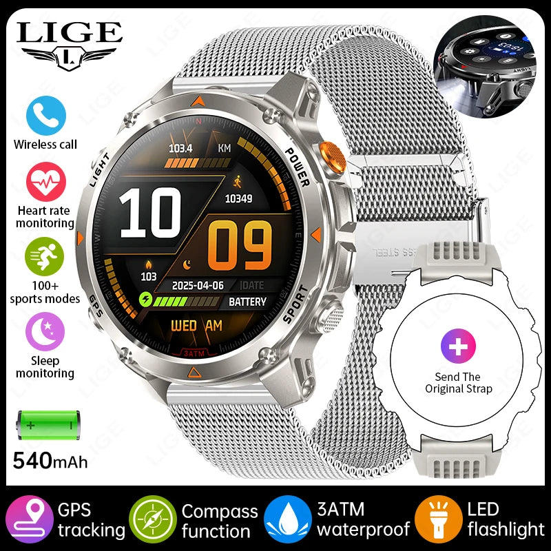 LIGE 2025 New Professional GPS Track Sports Smartwatch Outdoor RIDE Run Compass Altimeter 3ATM Fitness Bracelets 540mAh Watches