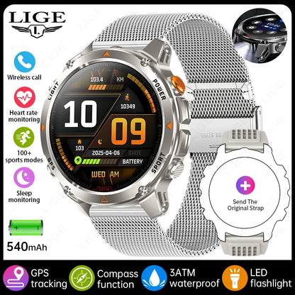 LIGE 2025 New Professional GPS Track Sports Smartwatch Outdoor RIDE Run Compass Altimeter 3ATM Fitness Bracelets 540mAh Watches
