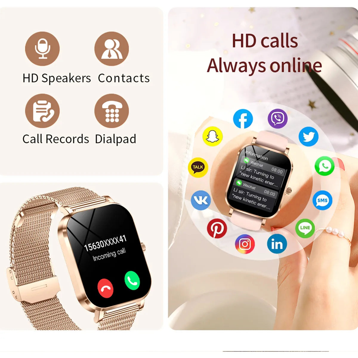 Women Smart Watch Rose Gold Receive Call Custom Dial Female Health Monitor Ultra Thin Ladies Wristwatch for lovers Birthday Gift