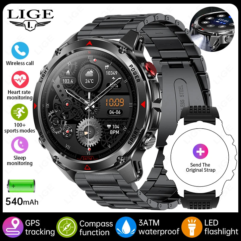 LIGE 2025 New Professional GPS Track Sports Smartwatch Outdoor RIDE Run Compass Altimeter 3ATM Fitness Bracelets 540mAh Watches