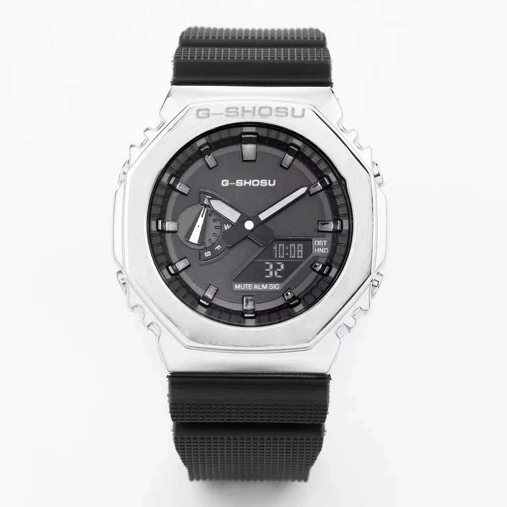 Electronic unisex digital watch with full function alloy dial GM oak series LED dual display world time full function