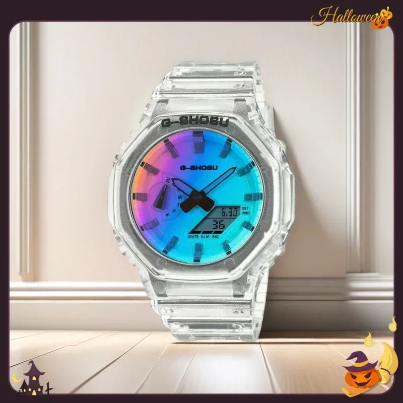 Dual Display LED Digital Electronic Comic Watch Full Function World Time Large Dial Oak Collection