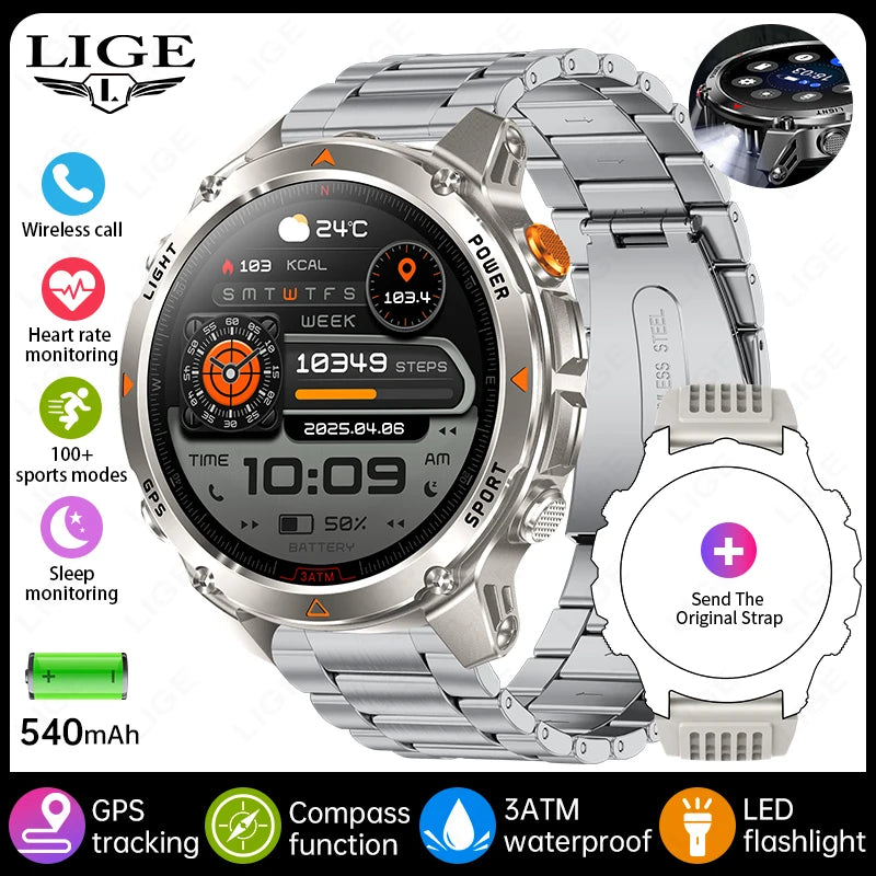LIGE 2025 New Professional GPS Track Sports Smartwatch Outdoor RIDE Run Compass Altimeter 3ATM Fitness Bracelets 540mAh Watches