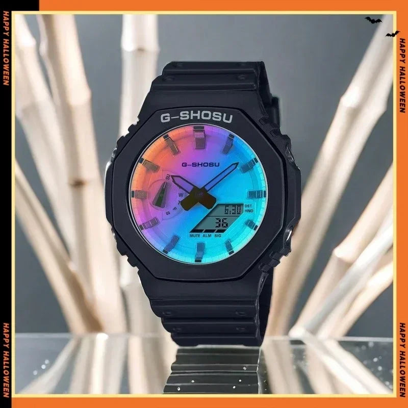 Dual Display LED Digital Electronic Comic Watch Full Function World Time Large Dial Oak Collection