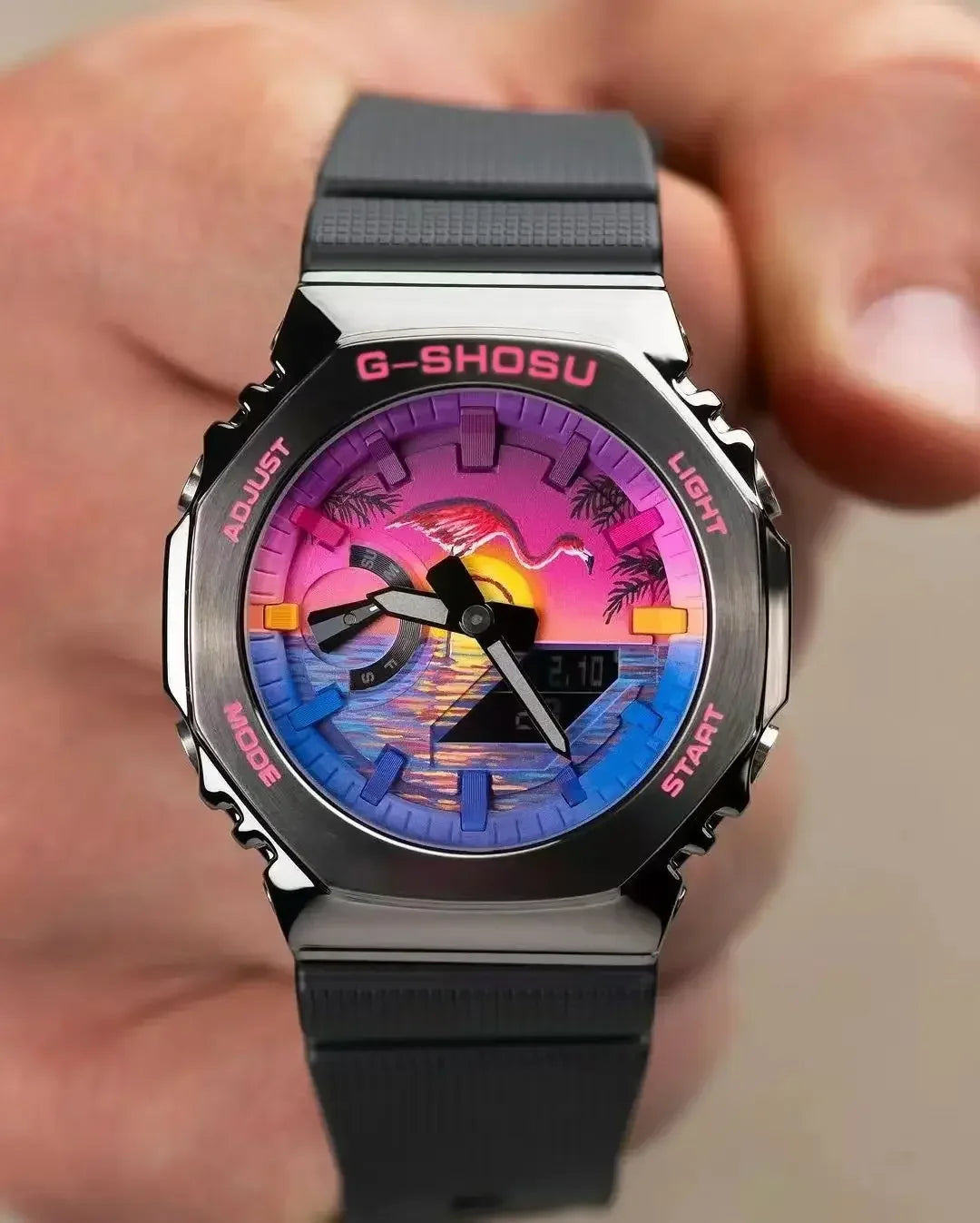 Electronic unisex digital watch with full function alloy dial GM oak series LED dual display world time full function