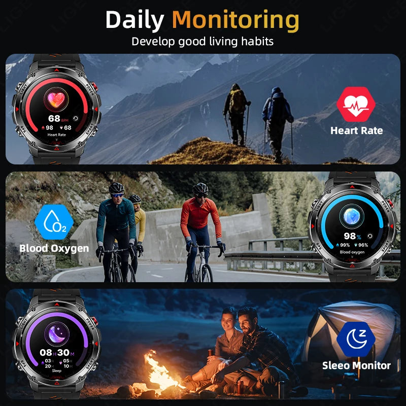 LIGE 2025 New Professional GPS Track Sports Smartwatch Outdoor RIDE Run Compass Altimeter 3ATM Fitness Bracelets 540mAh Watches