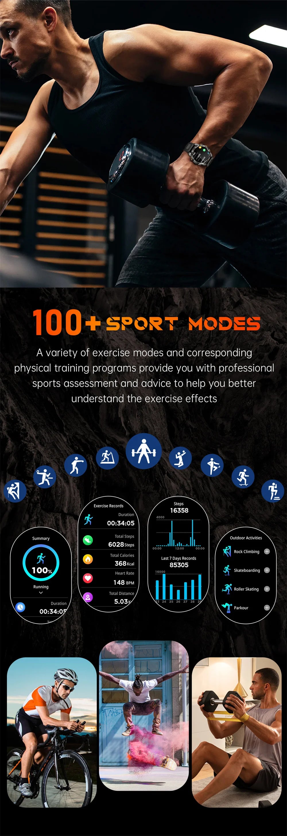 2025 KT80 Smart Watch 3ATM Waterproof Original Design Men Bluetooth Call Health Monitor with Strong Flashlight 100+ Sports Modes