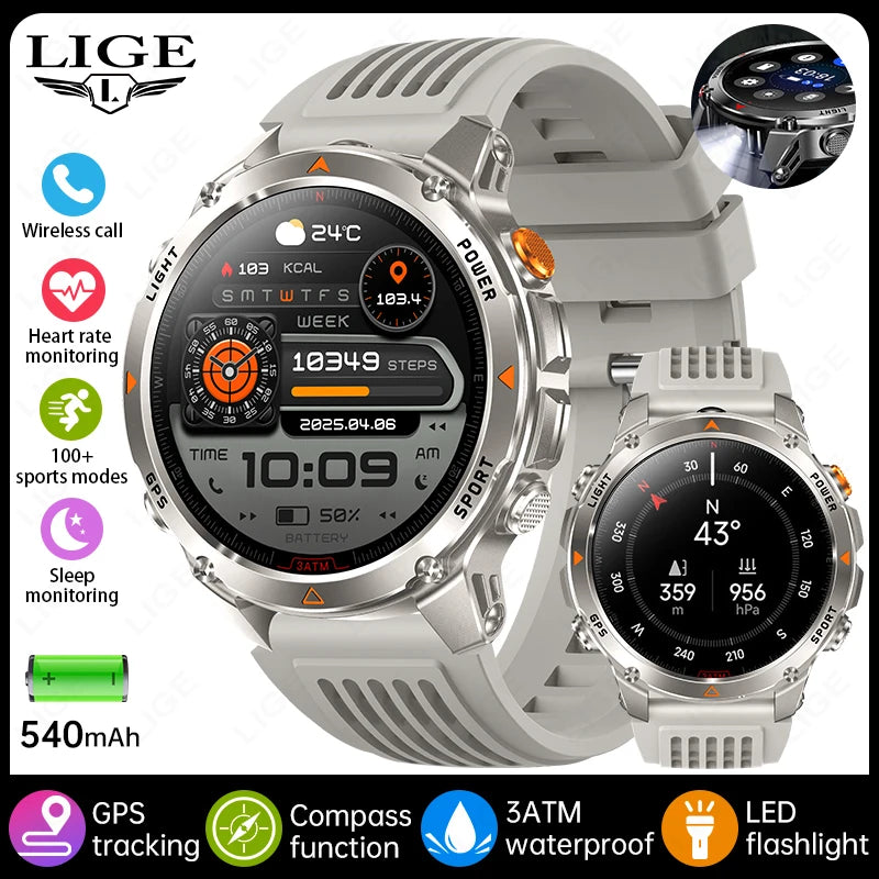 LIGE 2025 New Professional GPS Track Sports Smartwatch Outdoor RIDE Run Compass Altimeter 3ATM Fitness Bracelets 540mAh Watches